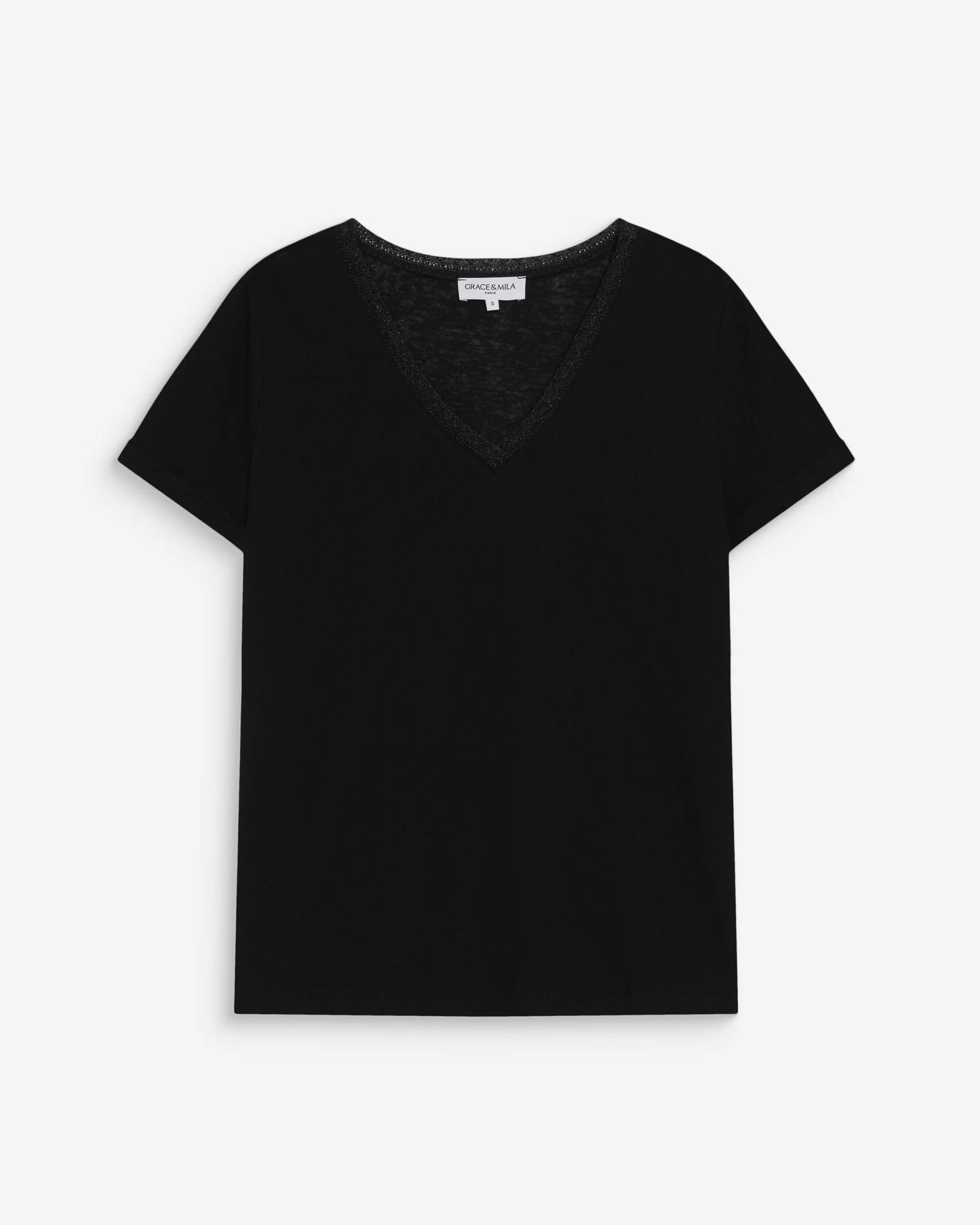 T-SHIRT COL V MANCHES COURTES NOIR VASCO