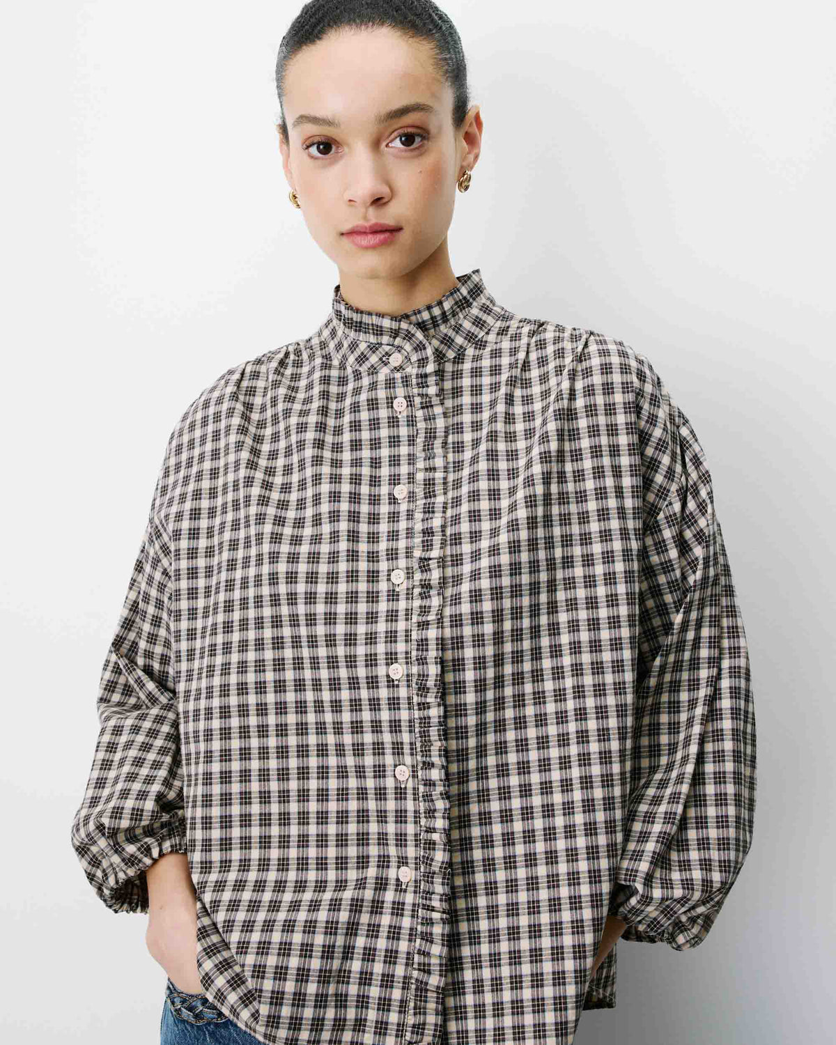 BLOUSE À CARREAUX MANCHES BOUFFANTES LATTE ADELIE