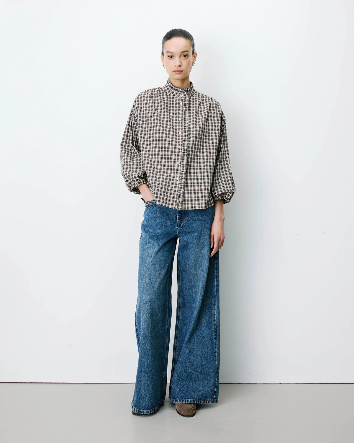 BLOUSE À CARREAUX MANCHES BOUFFANTES LATTE ADELIE