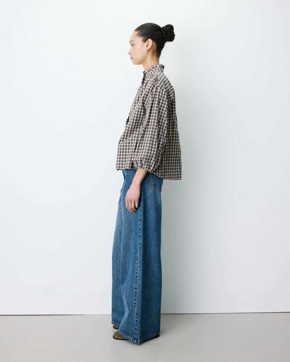 BLOUSE À CARREAUX MANCHES BOUFFANTES LATTE ADELIE