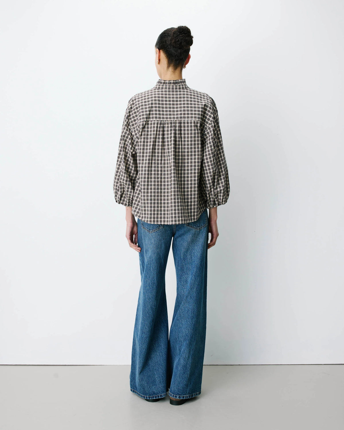 BLOUSE À CARREAUX MANCHES BOUFFANTES LATTE ADELIE