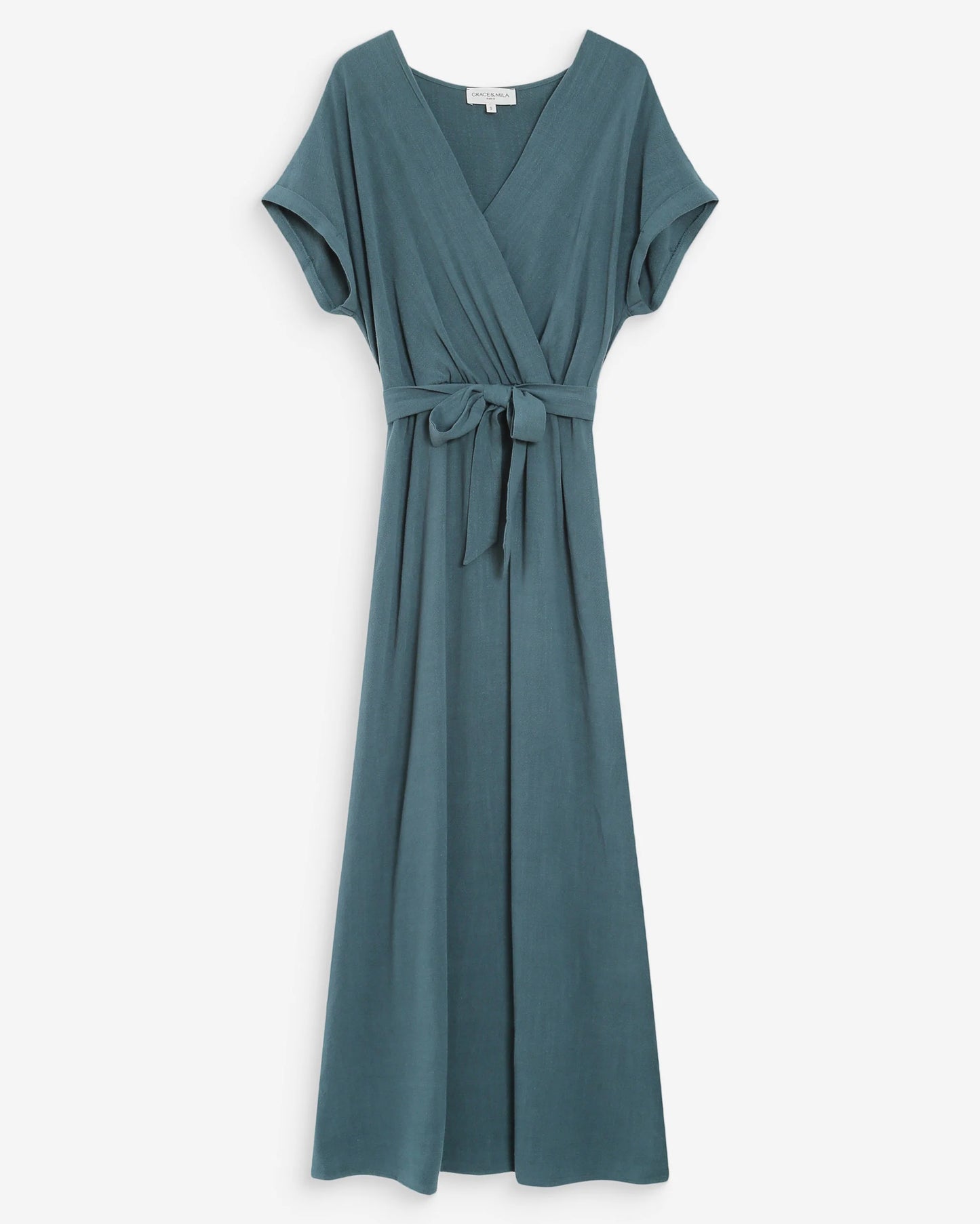 ROBE LONGUE PORTEFEUILLE CEINTURÉE EMERAUDE POLLEN